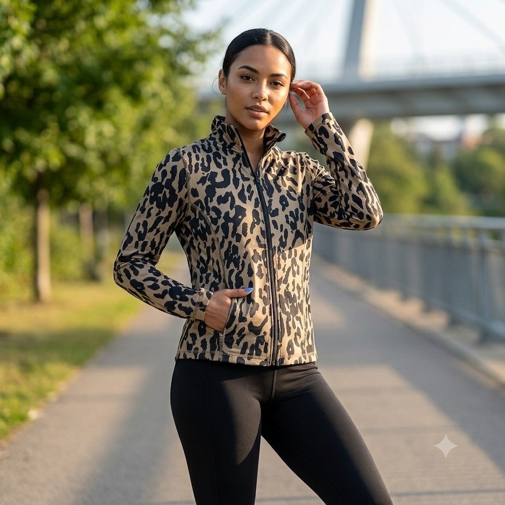 Activology Leopard Print Full Zip Athletic Jacket Tan Black Mock Neck PM Womens